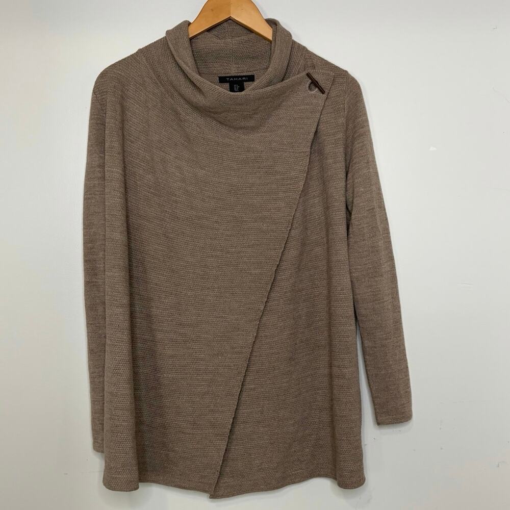Tahari Asymmetric Wrap Cardigan S Extra Fine Merino Wool Blend Toggle Beige